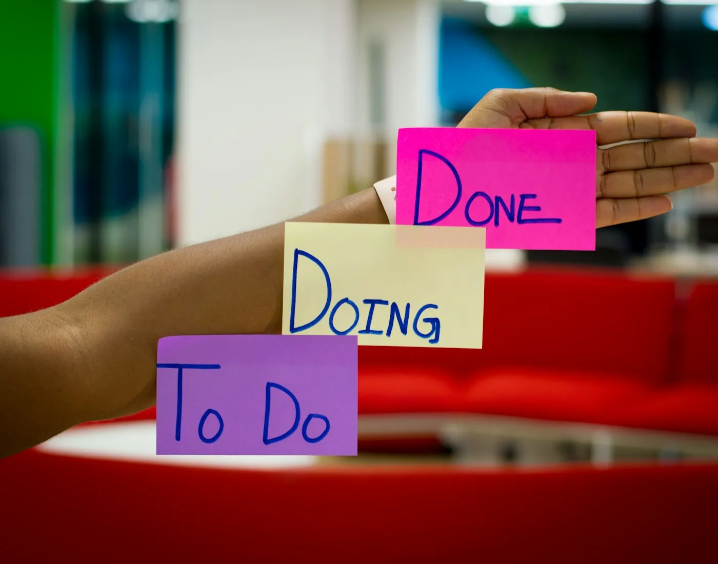 A Kanban board with sticky notes visualizing workflow stages